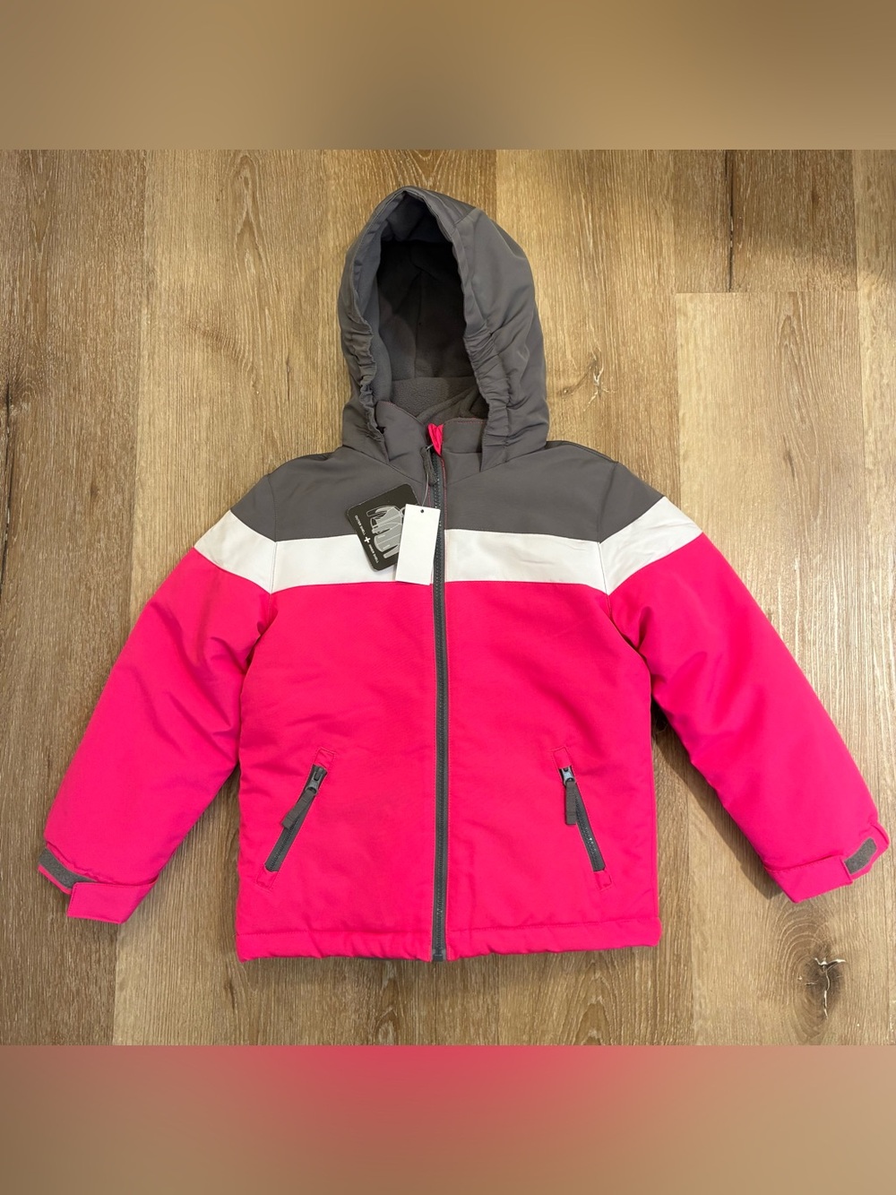 Roebuck & Co. Youth Kids Pink White Grey Hooded Puffer Jacket Size M (5-6 Years)